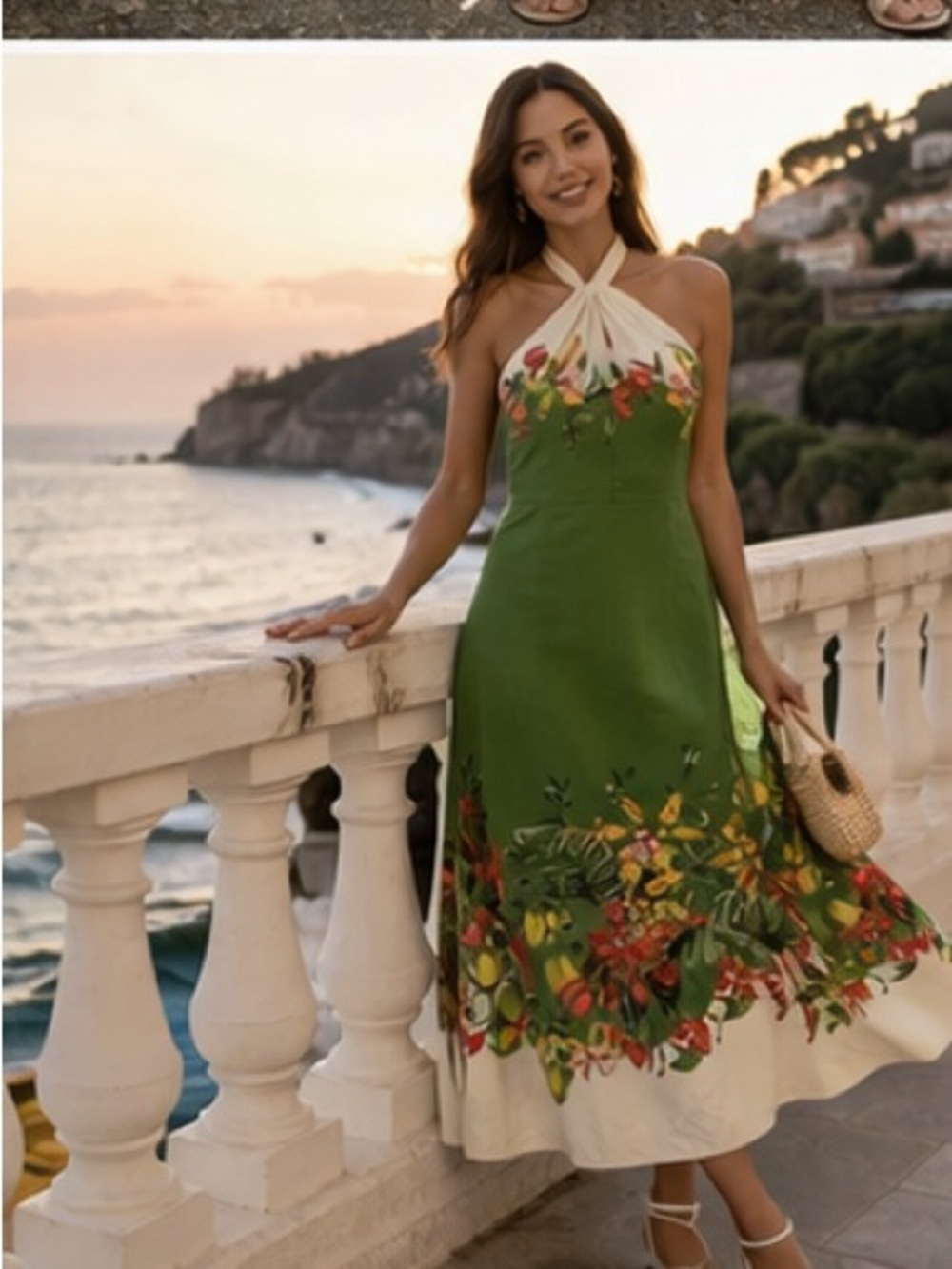 H&M Premium women's Linen-blend Green and Floral Midi Dress - Picture 7 of 15